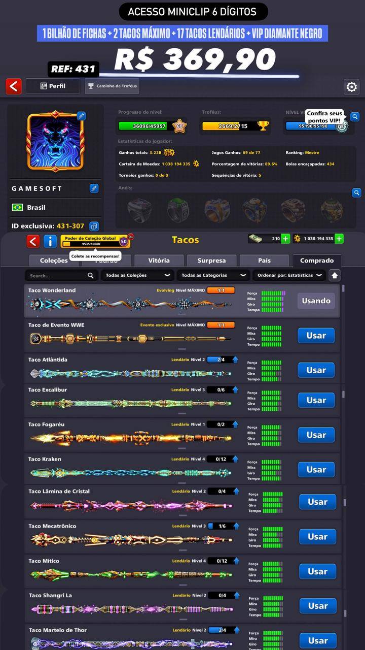 1 BILHÃO DE FICHAS + 2 TACOS NÍVEL MÁXIMO + 17 TACOS LENDÁRIOS + VIP DIAMANTE NEGRO