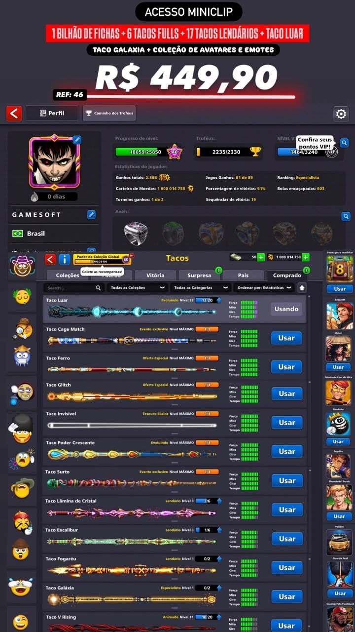1 BILHÃO DE FICHAS + 6 TACOS NÍVEL MÁXIMO + TACO MOONLIGHT + TACO GALÁXIA + 17 TACOS LENDÁRIOS