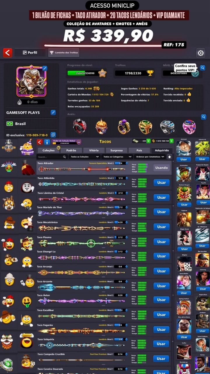 1 BILHÃO DE FICHAS + TACO ATIRADOR + 20 TACOS LENDÁRIOS + VIP DIAMANTE