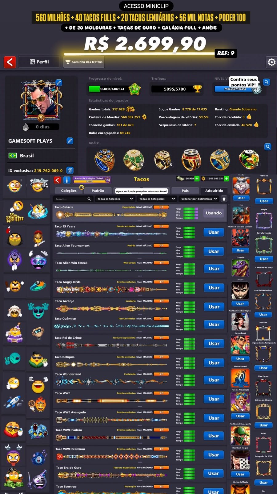 560 MILHÕES DE FICHAS + 40 TACOS NÍVEL MÁXIMO + 20 TACOS LENDÁRIOS + 56 MIL NOTAS