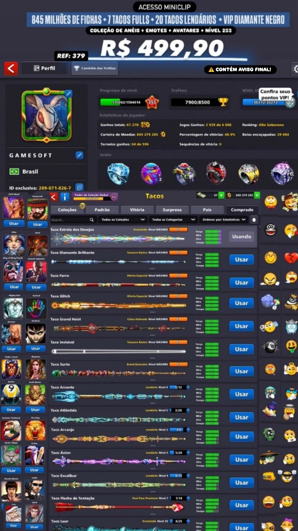 845 MILHÕES DE FICHAS + 7 TACOS FULLS + 20 TACOS LENDÁRIOS + VIP DIAMANTE NEGRO