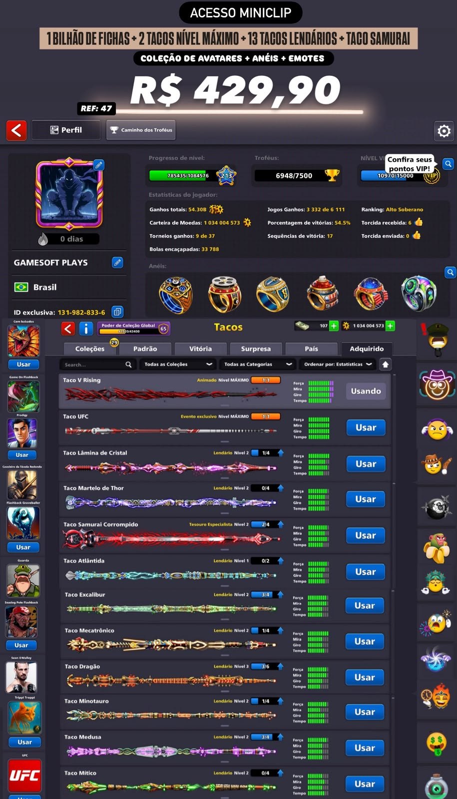 1 BILHÃO DE FICHAS + 2 TACOS NÍVEL MÁXIMO + 13 TACOS LENDÁRIOS + TACO SAMURAI