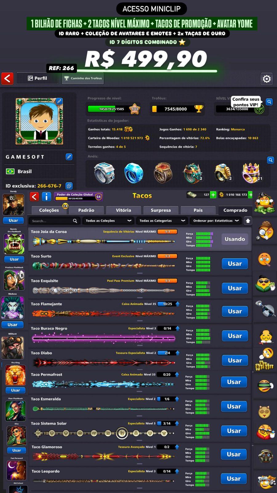 ID RARO + 1 BILHÃO DE FICHAS + 2 TACOS NÍVEL MÁXIMO + AVATAR YOME + TACOS DE PROMOÇÃO