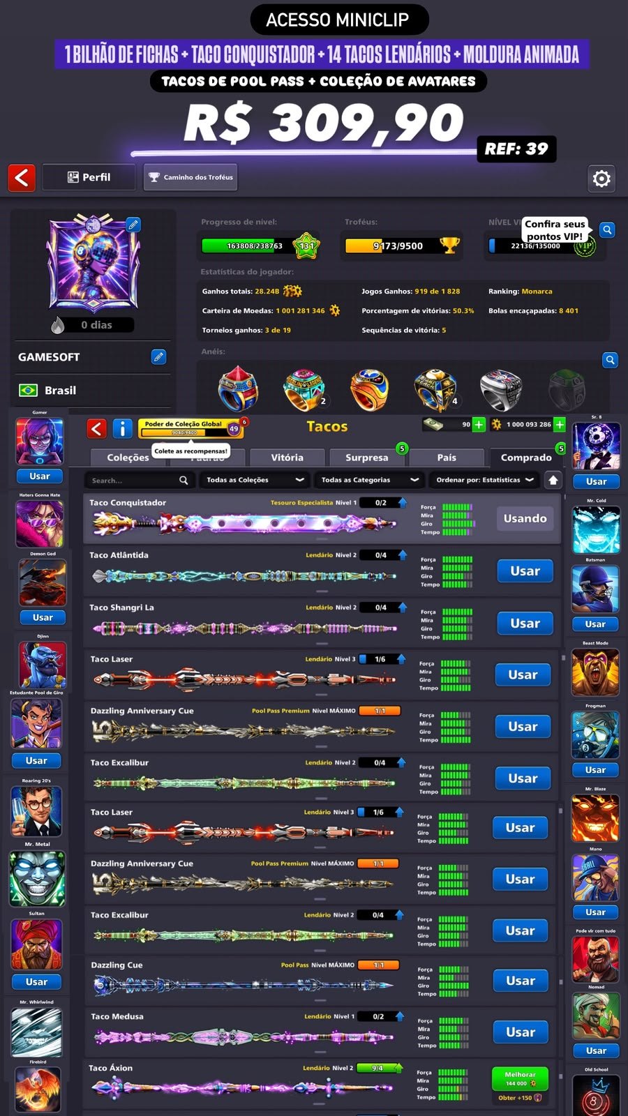 1 BILHÃO DE FICHAS + TACO CONQUISTADOR + 14 TACOS LENDÁRIOS + MOLDURA ANIMADA