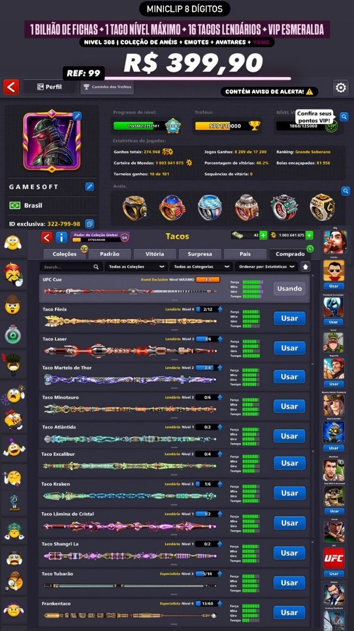 1 BILHÃO DE FICHAS + 1 TACO NÍVEL MÁXIMO + 16 TACOS LENDÁRIOS + AVATAR YOME