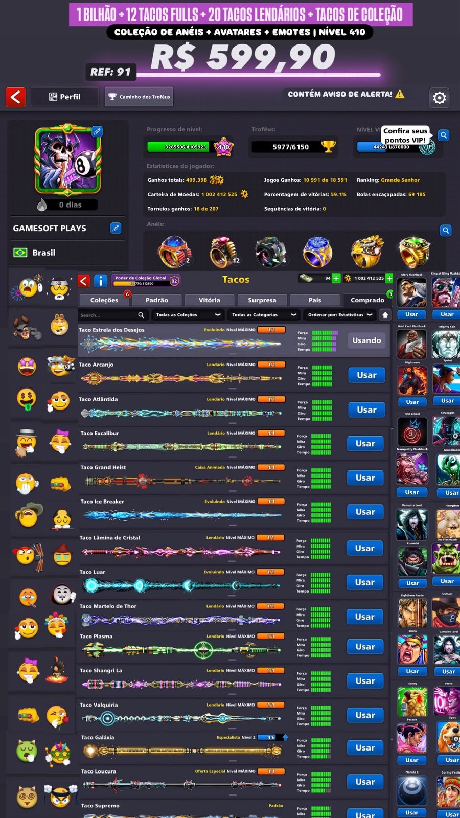 1 BILHÃO DE FICHAS + 12 TACOS NÍVEL MÁXIMO + 20 TACOS LENDÁRIOS + TACOS DE COLEÇÃO