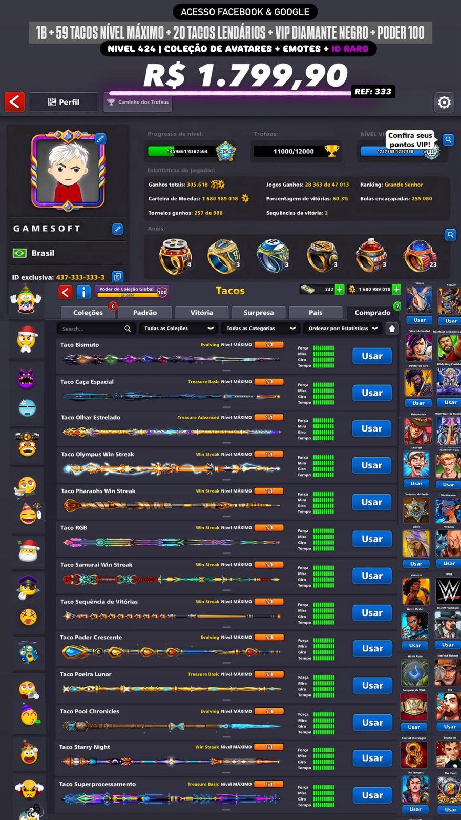 RARIDADE PODER 100 🔥 1B + 59 TACOS NÍVEL MÁXIMO + 20 TACOS LENDÁRIOS + COLEÇÃO DE ANÉIS + AVATARES + EMOTES