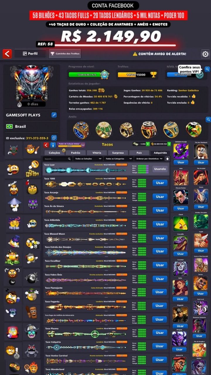 PODER 100 + 58 BILHÕES DE FICHAS + 43 TACOS NÍVEL MÁXIMO + 20 TACOS LENDÁRIOS + 5 MIL NOTAS